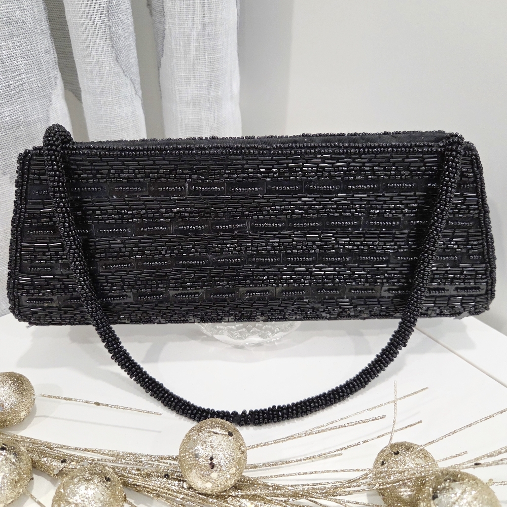 Vintage Bijoux Terner Black Beaded Clutch – Dual-Sided Design – Evening Glam y2K